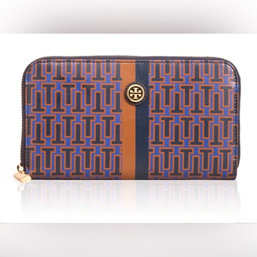 Tory Burch Brown and Blue Logo Zip-Around Wallet
